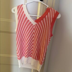 Striped V-Neck Knit Sweater Vest in Coral and White